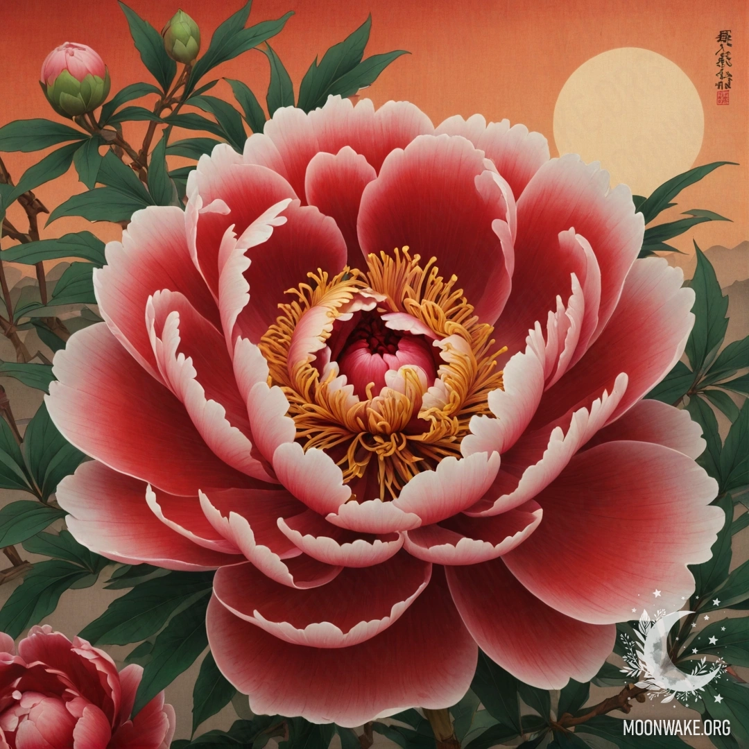 A serene peony flower adorned with a delicate web against a sunset backdrop of red hues, reminiscent of ukiyo-e paintings.