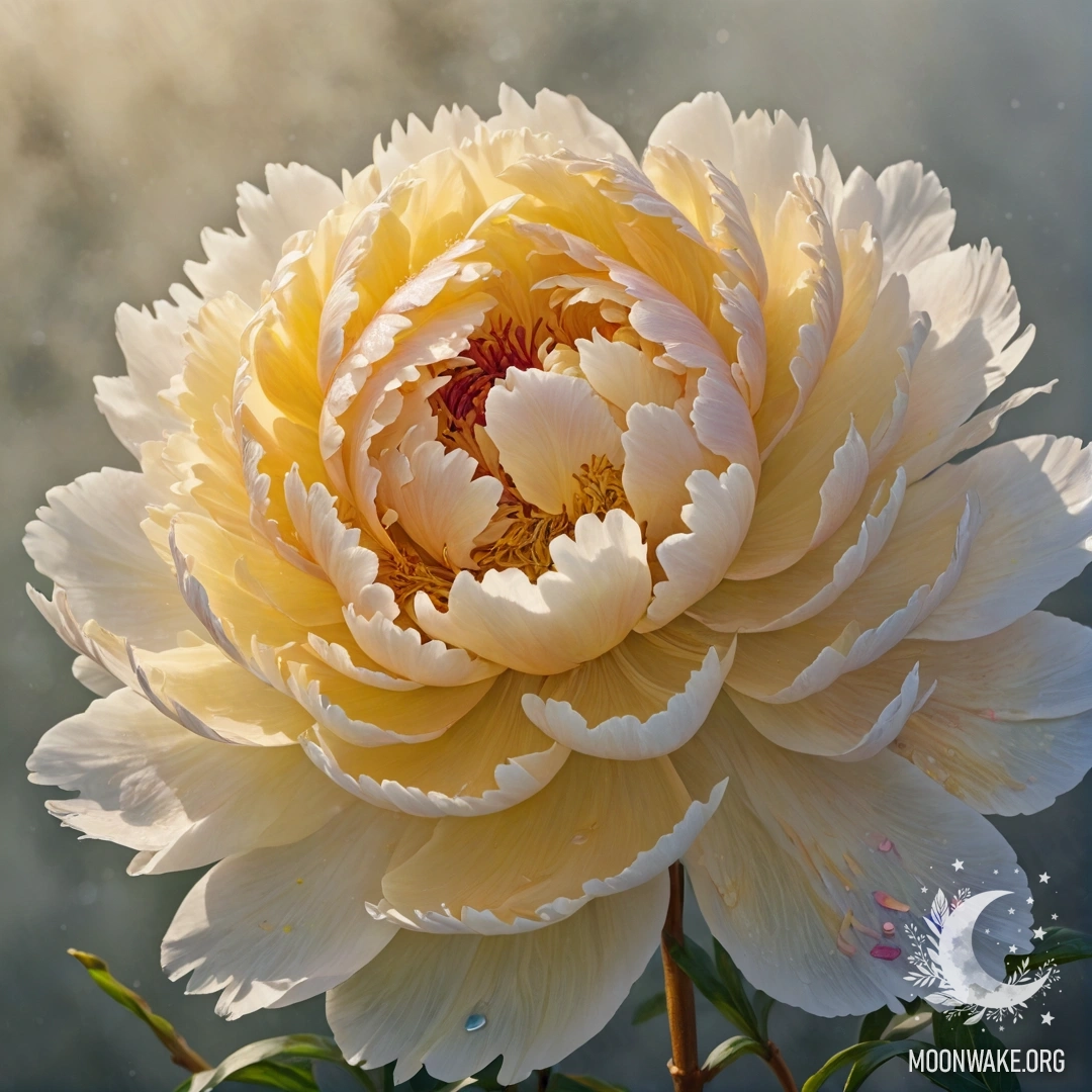Peaceful Peony in Fog with Sunny Rays A peaceful peony surrounded by fog, illuminated by sunny rays, decorated with yellow rhinestones.