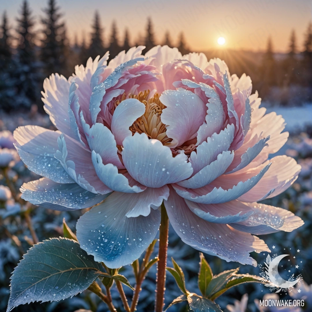 A delicate peony covered in frost, illuminated by the soft orange and blue hues of sunset, with sparkling sequins glimmering like stars.