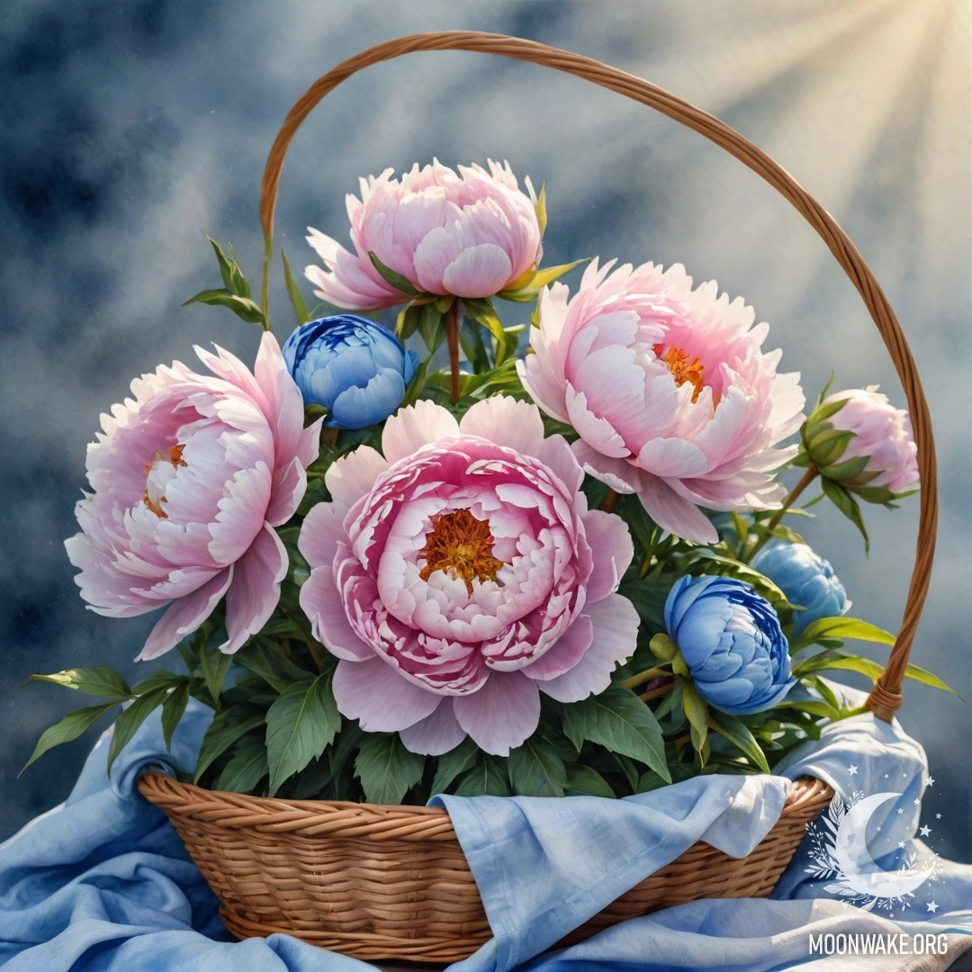 Peaceful Peony in a Misty Basket A peaceful blue peony resting in a misty setting inside a basket, illuminated by sunny rays.