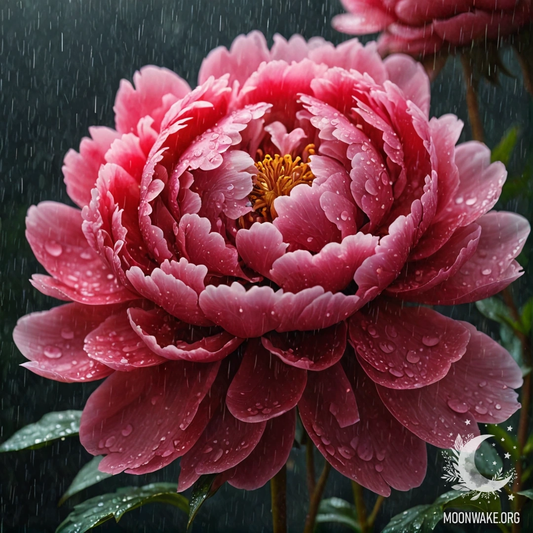 Peaceful Peony in the Rain A vibrant red peony blooming in the misty rain at night.