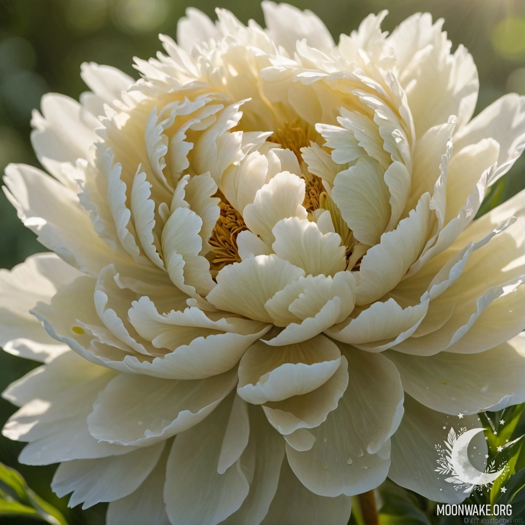 A serene peony bathed in gentle sunlight with sage green patterns.
