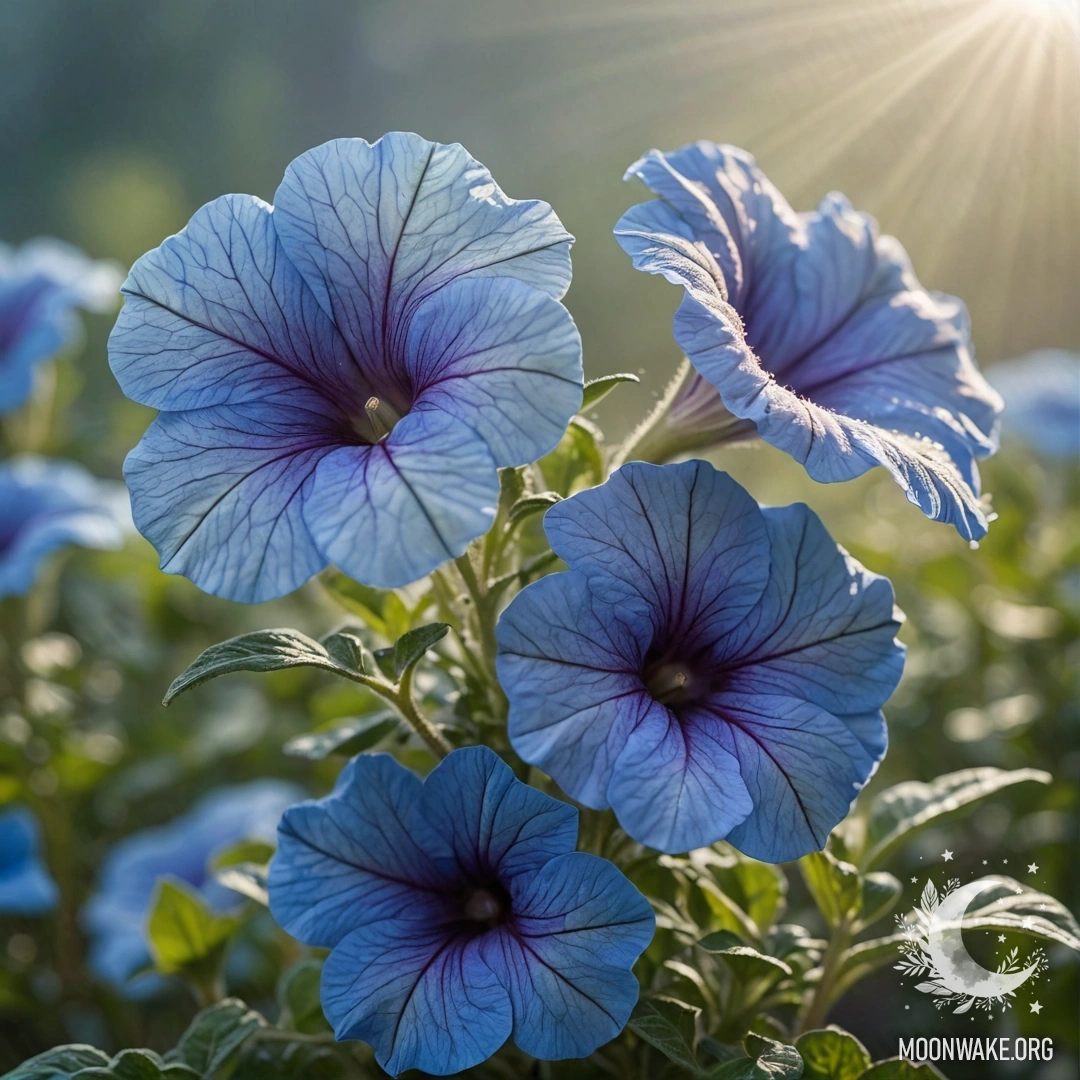 A serene petunia blooming in a misty environment with rays of sunshine and a blue background.