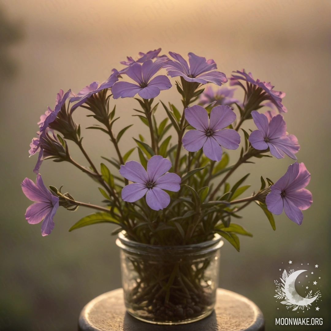 Peaceful Phlox at Sunset A vase with phlox flowers surrounded by fog during sunset.