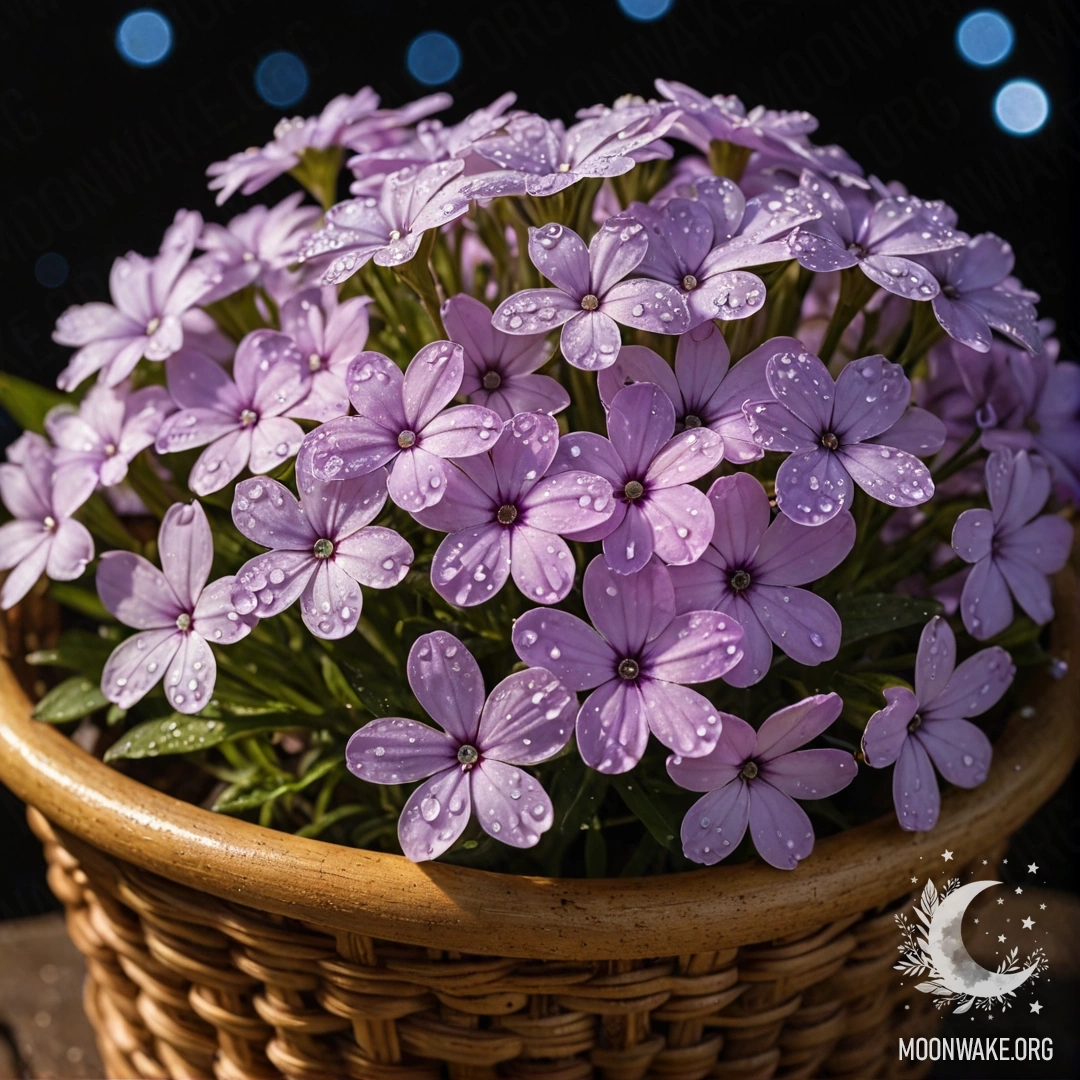 A golden basket filled with peaceful phlox flowers covered in dew drops at night.