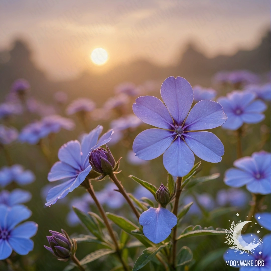 A serene scene depicting blue phlox flowers surrounded by mist at sunset.