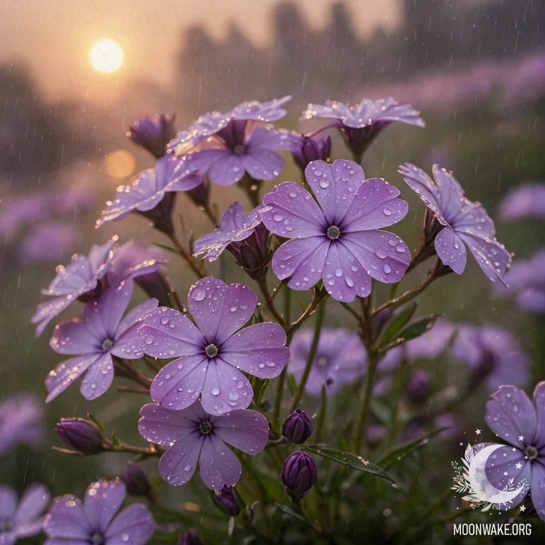 A serene landscape featuring purple phlox flowers shrouded in mist during sunset, with raindrops adding a shimmering effect.