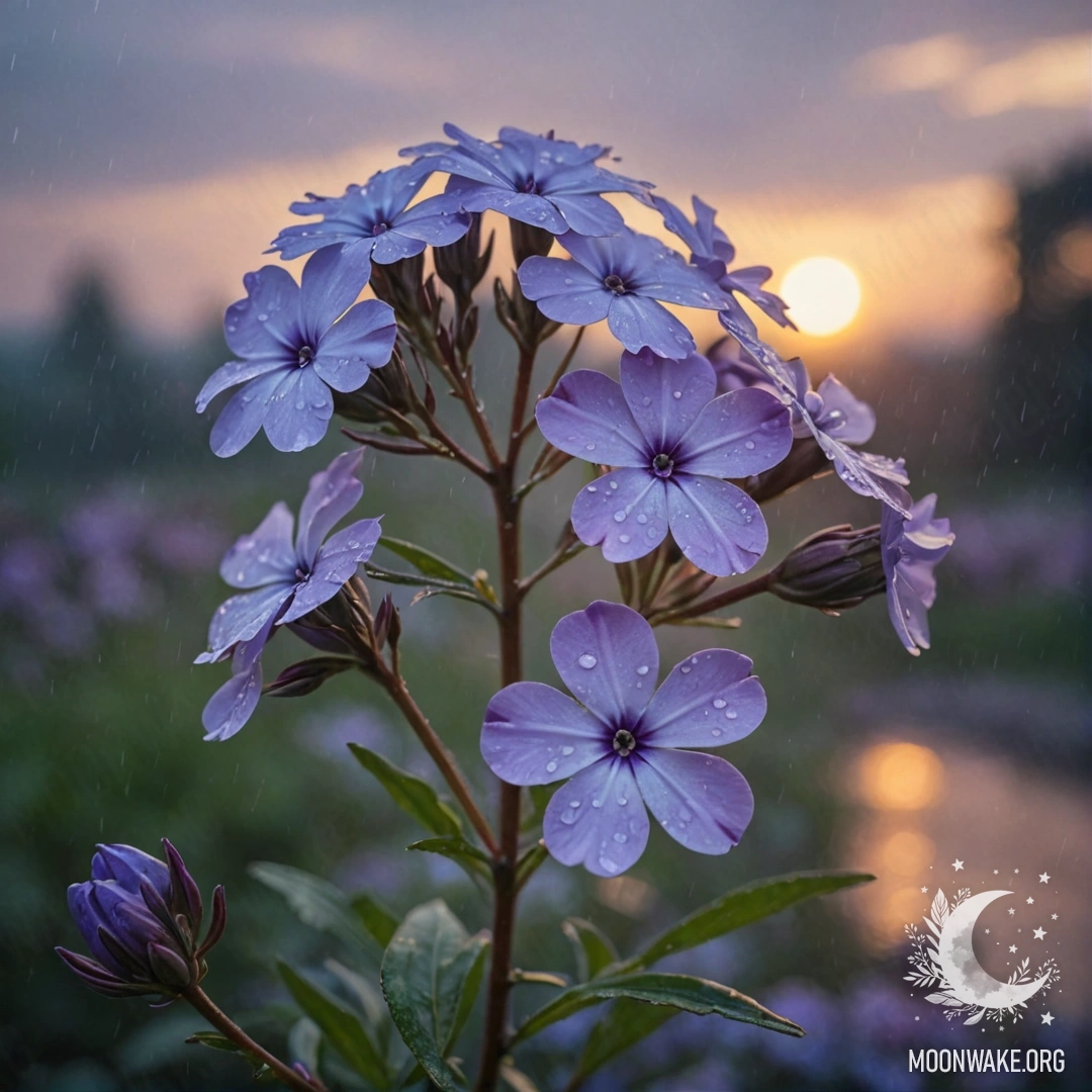 A serene cluster of blue phlox flowers bathed in misty rain at sunset.