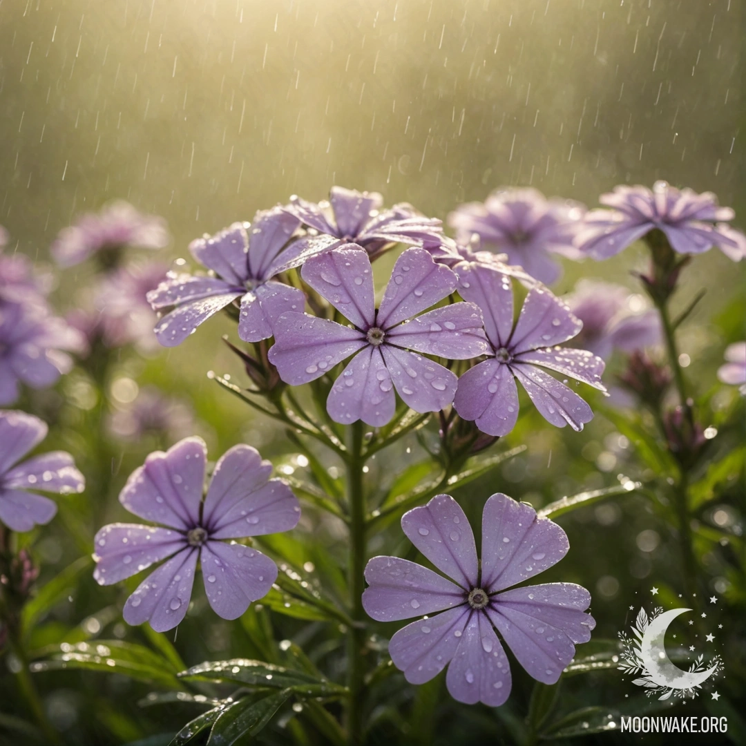 A soft phlox flower in the mist, drenched by the rain and illuminated by sunny rays, displaying cream yellow hues.