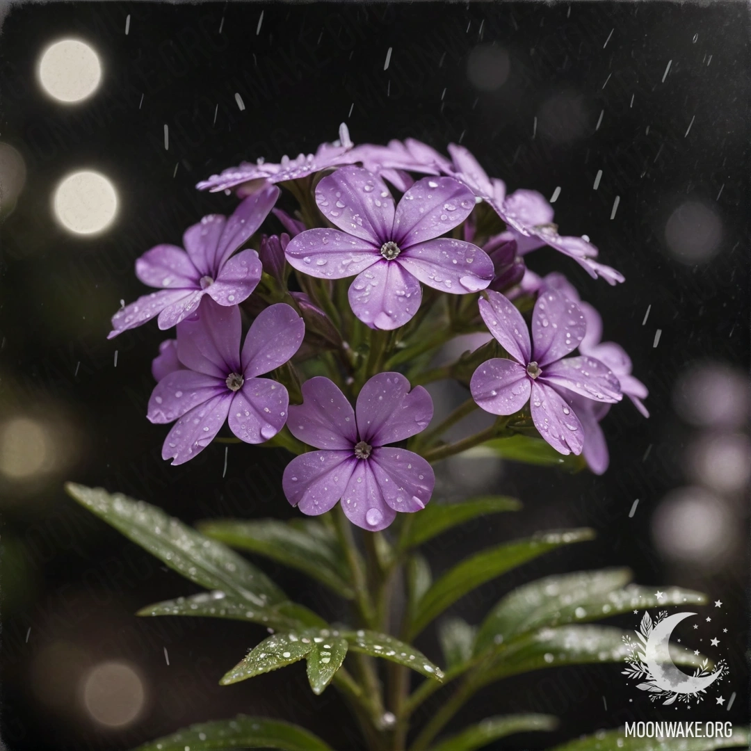 A serene scene featuring delicate phlox flowers under the rain at night, with a lime-colored background.