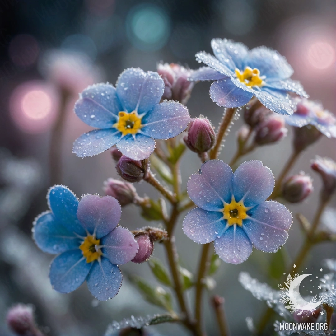 A serene scene depicting delicate pink forget-me-nots covered in frost at night, shimmering with glitter.