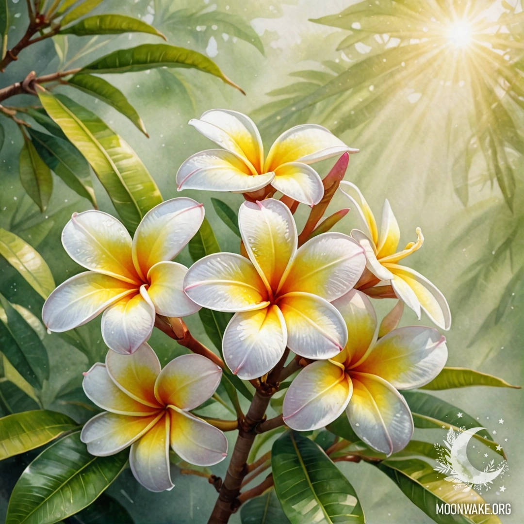 A serene plumeria flower softly illuminated by sunlight, surrounded by mist and a watercolor lime background.