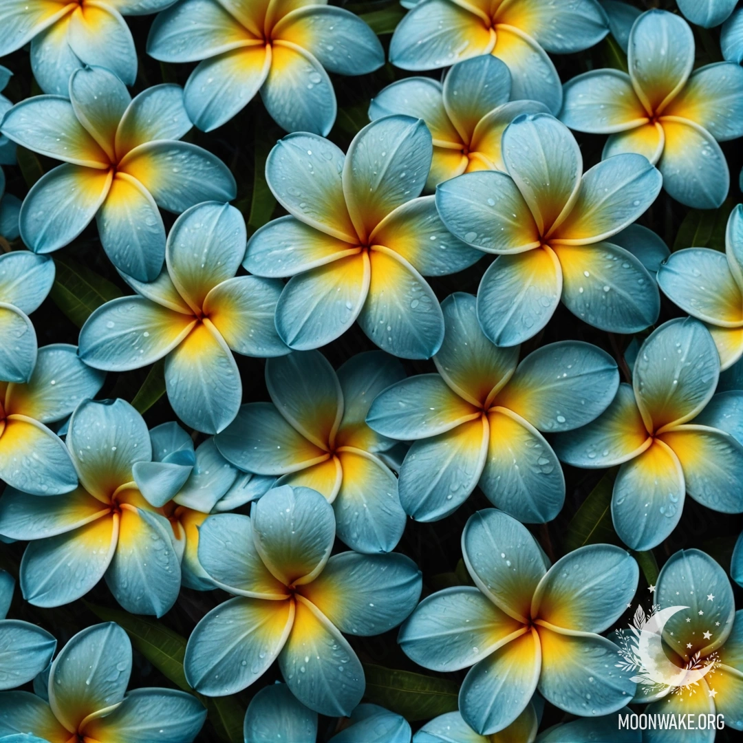A serene pattern featuring plumeria flowers in greenish blue tones.