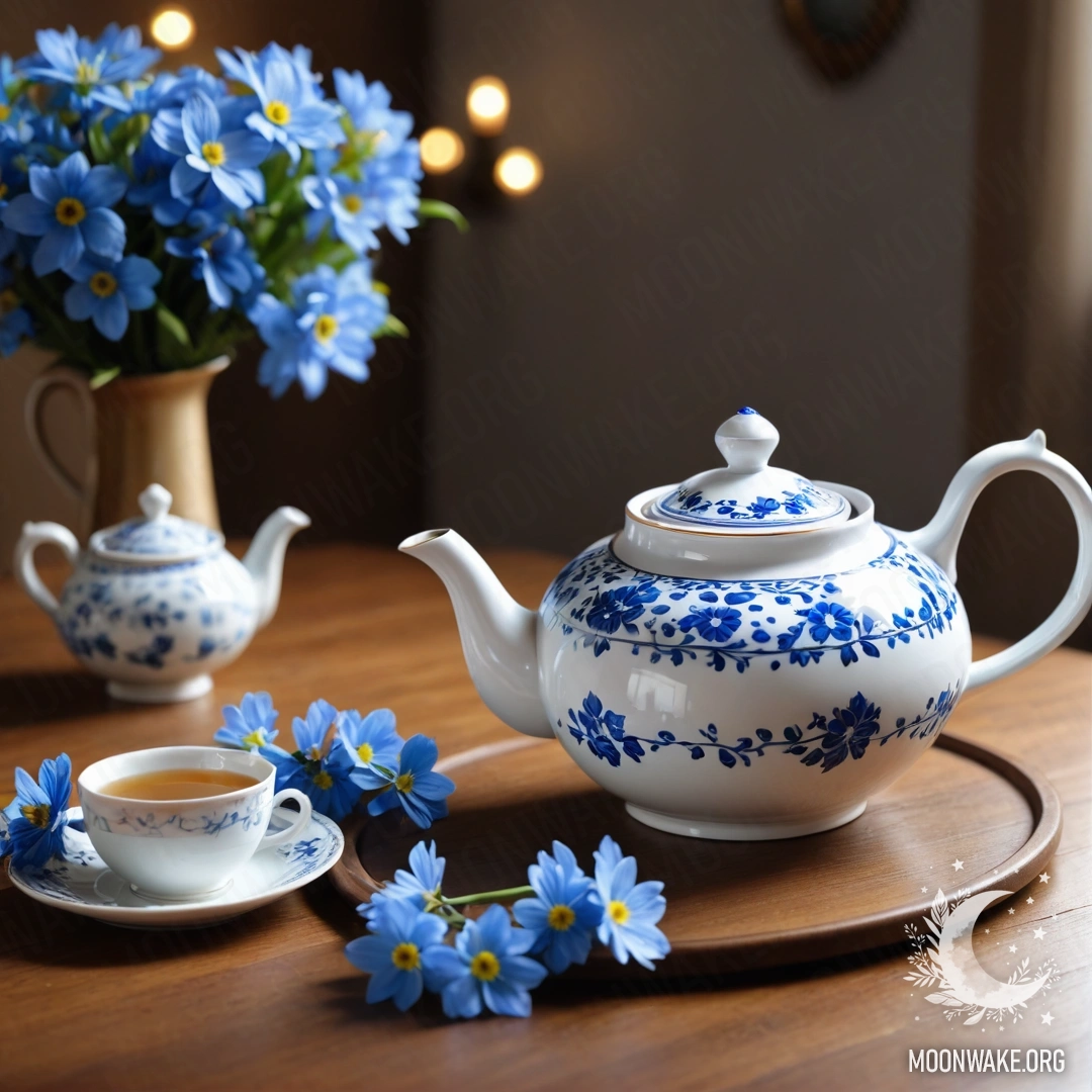A round wooden table with a porcelain teapot adorned with blue flowers and garland lights.