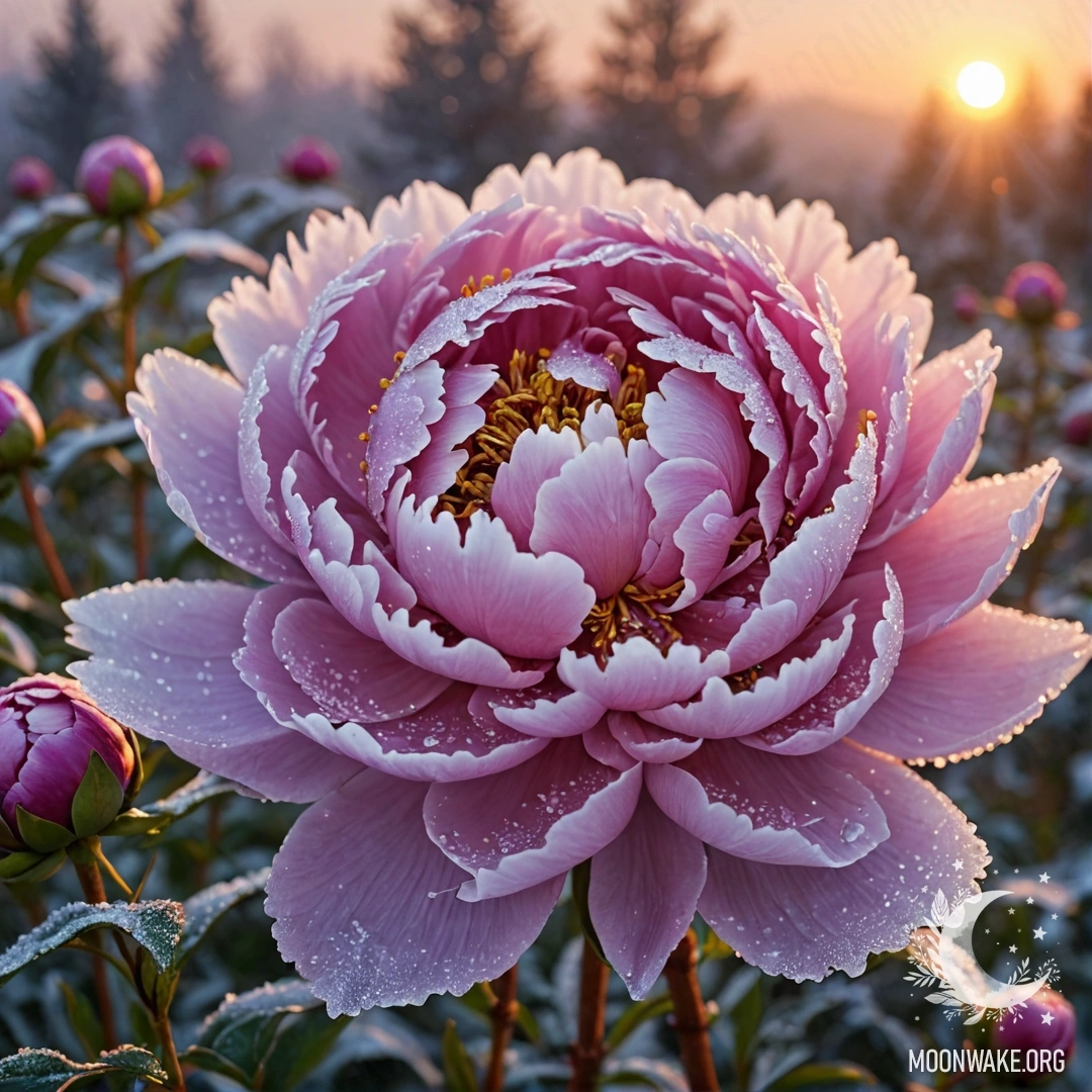 A purple peony surrounded by frost at sunset, with sparkling glitter.