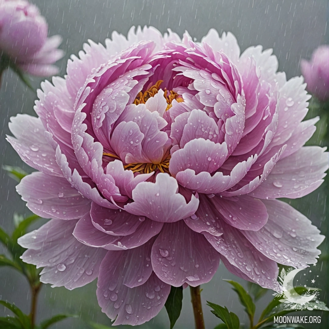 A peaceful purple peony gently unfolding amidst the mist and rain patterns.