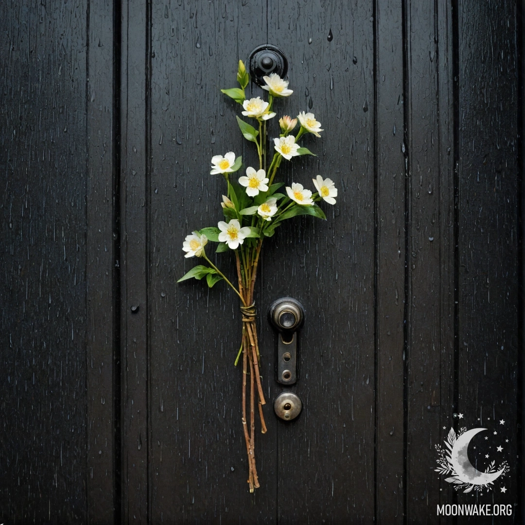Peaceful Rainy Door with Flowers A shabby door adorned with twigs and flowers on the handle, rain gently falling around it.