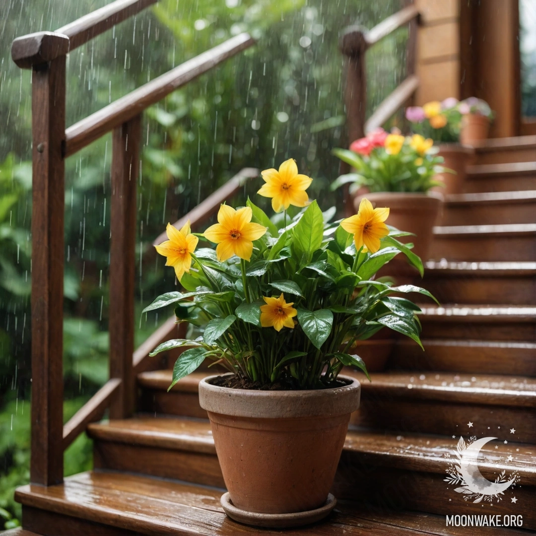 Peaceful Rainy Moment on a Wooden Staircase A wooden staircase with flowerpots underneath the rain