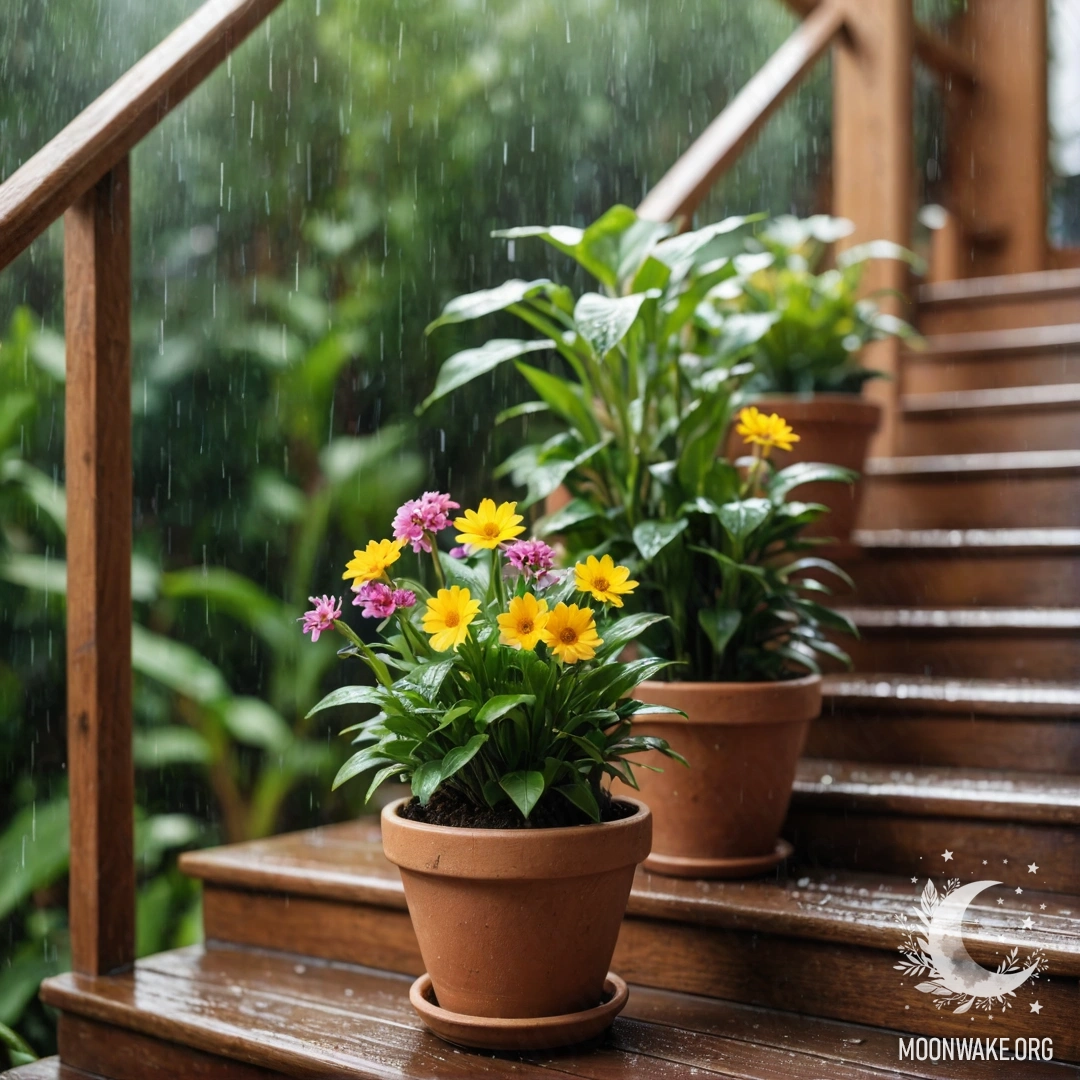 Peaceful Rainy Staircase with Flowerpots A wooden staircase adorned with flowerpots amidst the rain.