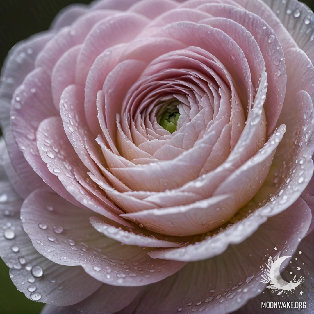 A peaceful lavender ranunculus adorned with delicate dew drops, evoking serenity.