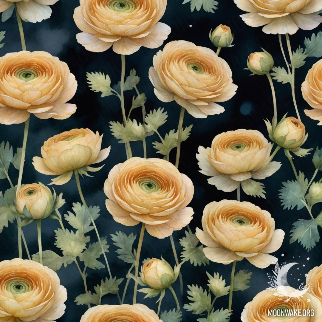 A watercolor painting of ranunculus flowers surrounded by mist with golden patterns at night.