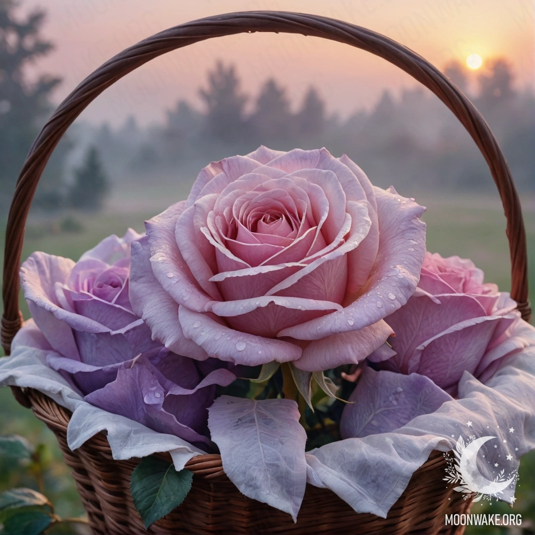 A delicate rose in a purple basket, shrouded in fog at sunset.