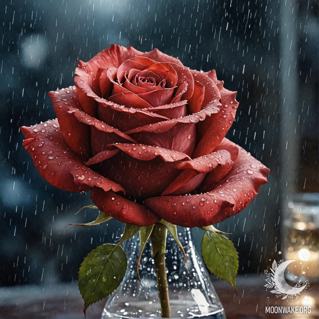 A delicate rose in a red vase, softly illuminated by rain at night.