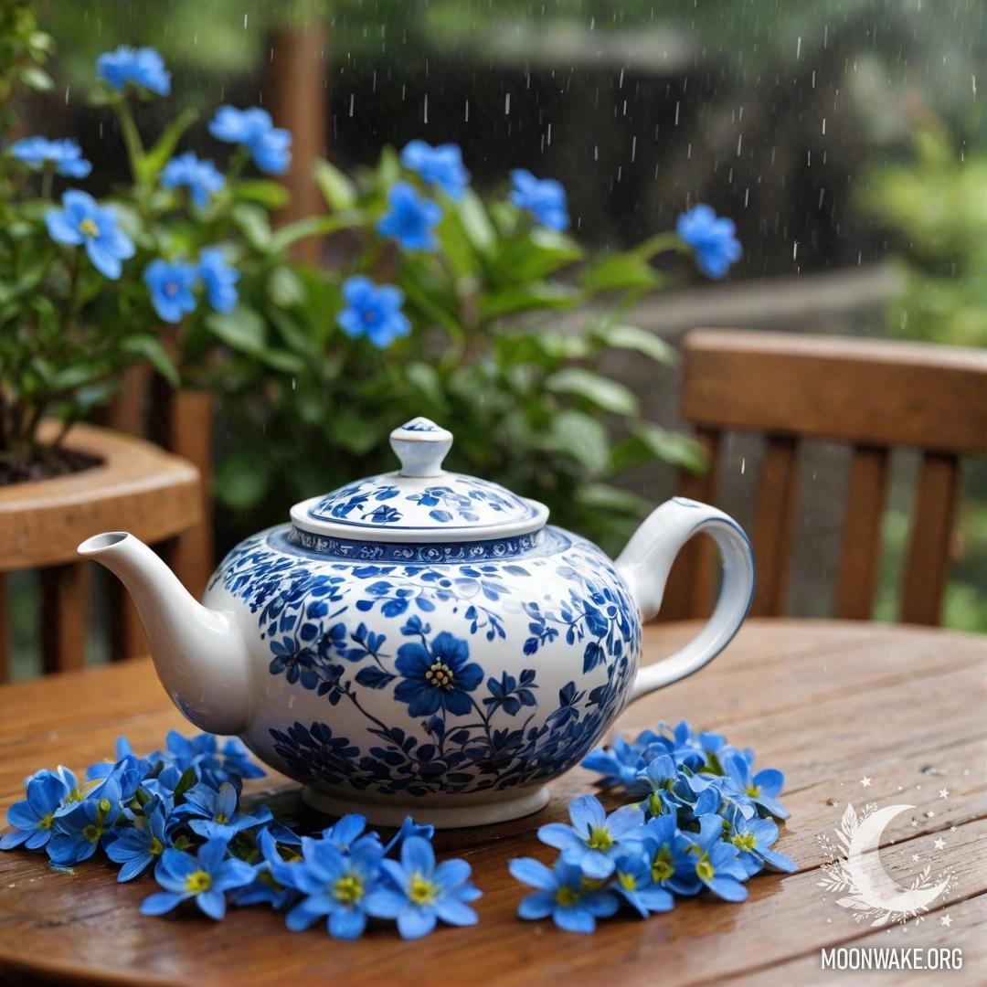 A round wooden table with a porcelain teapot containing blue flowers, set in the rain.