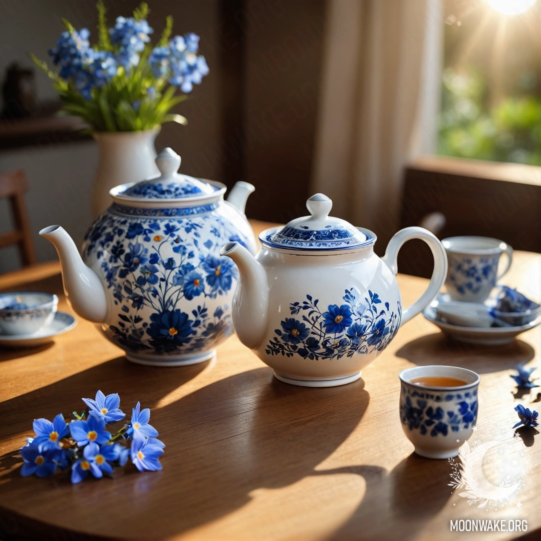 Serene Tea Moments with Blue Flowers A round wooden table featuring a porcelain teapot with blue flowers inside, illuminated by sunlight.