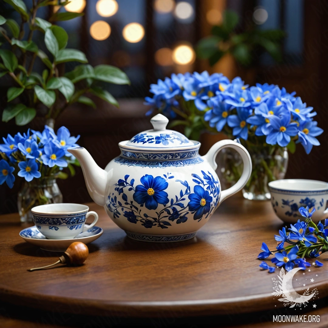 Serene Teapot with Blue Flowers at Night A round wooden table with a porcelain teapot filled with blue flowers under the night sky.
