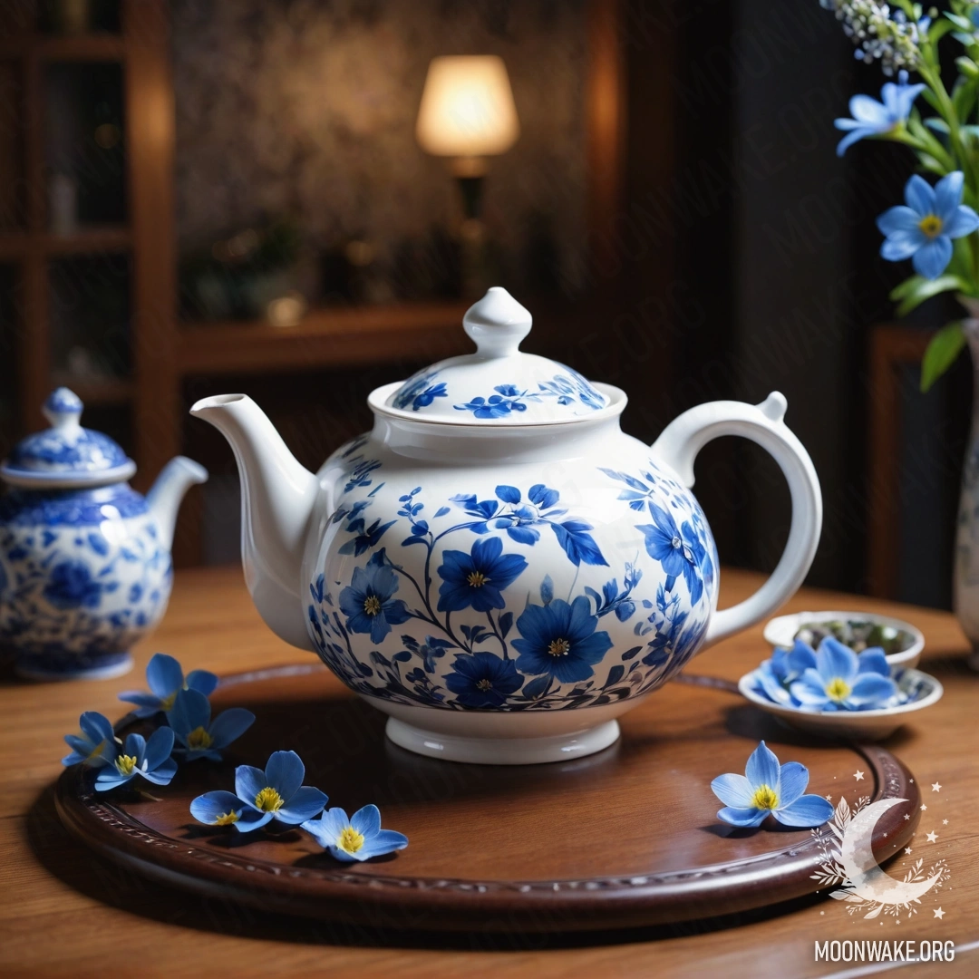 Serene Night Tea Table A round wooden table featuring a porcelain teapot adorned with blue flowers against a nighttime backdrop.
