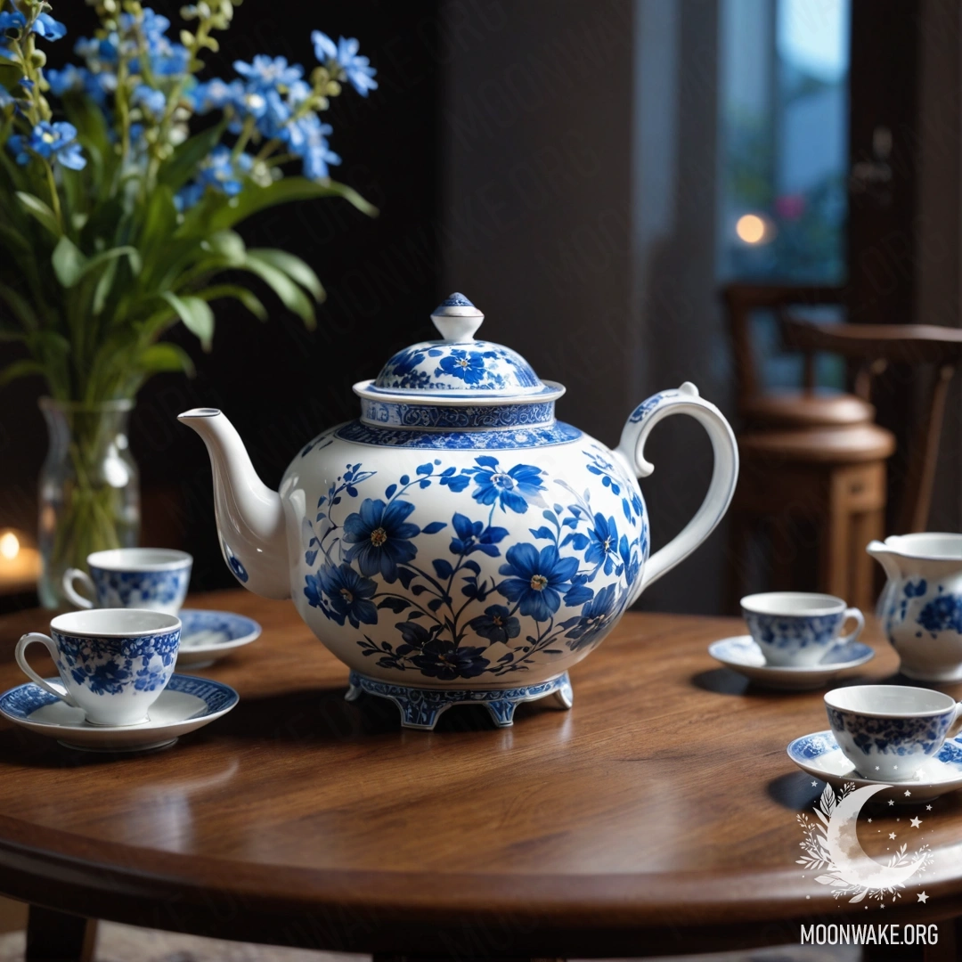 A round wooden table with a porcelain teapot filled with blue flowers at night.
