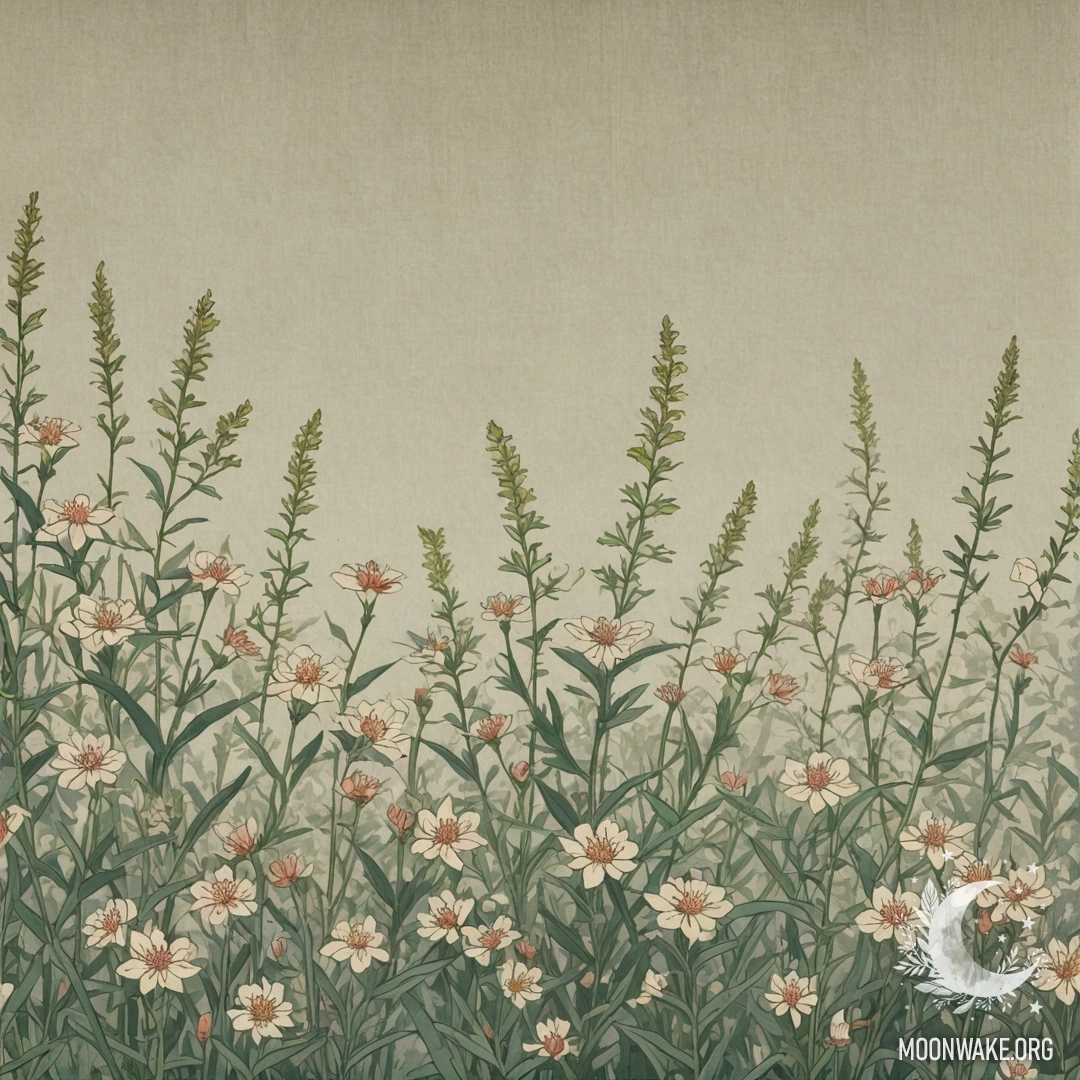 A serene background filled with wildflowers in sage color, styled like ukiyo-e painting.