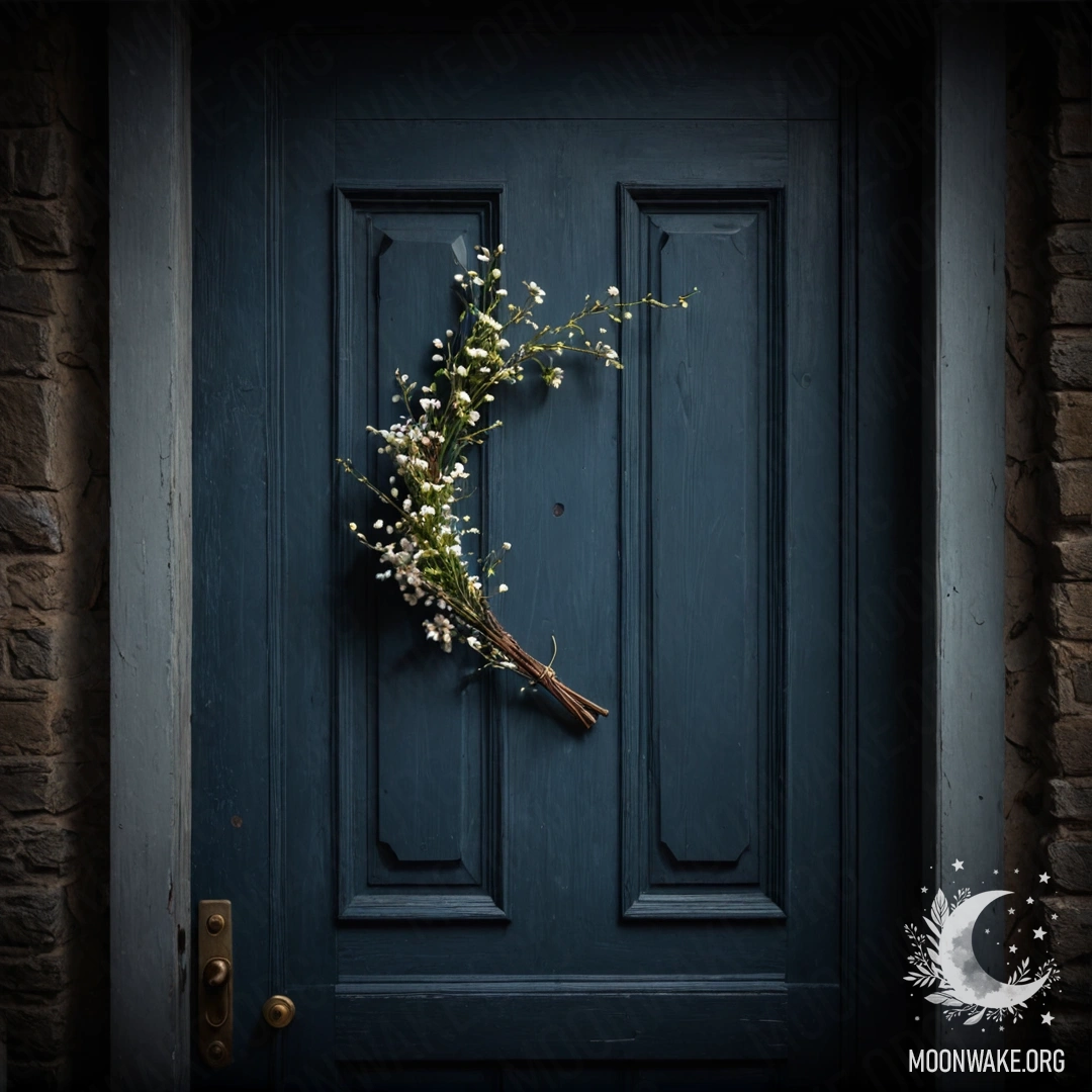 A shabby door adorned with twigs and flowers on the handle, set at night.