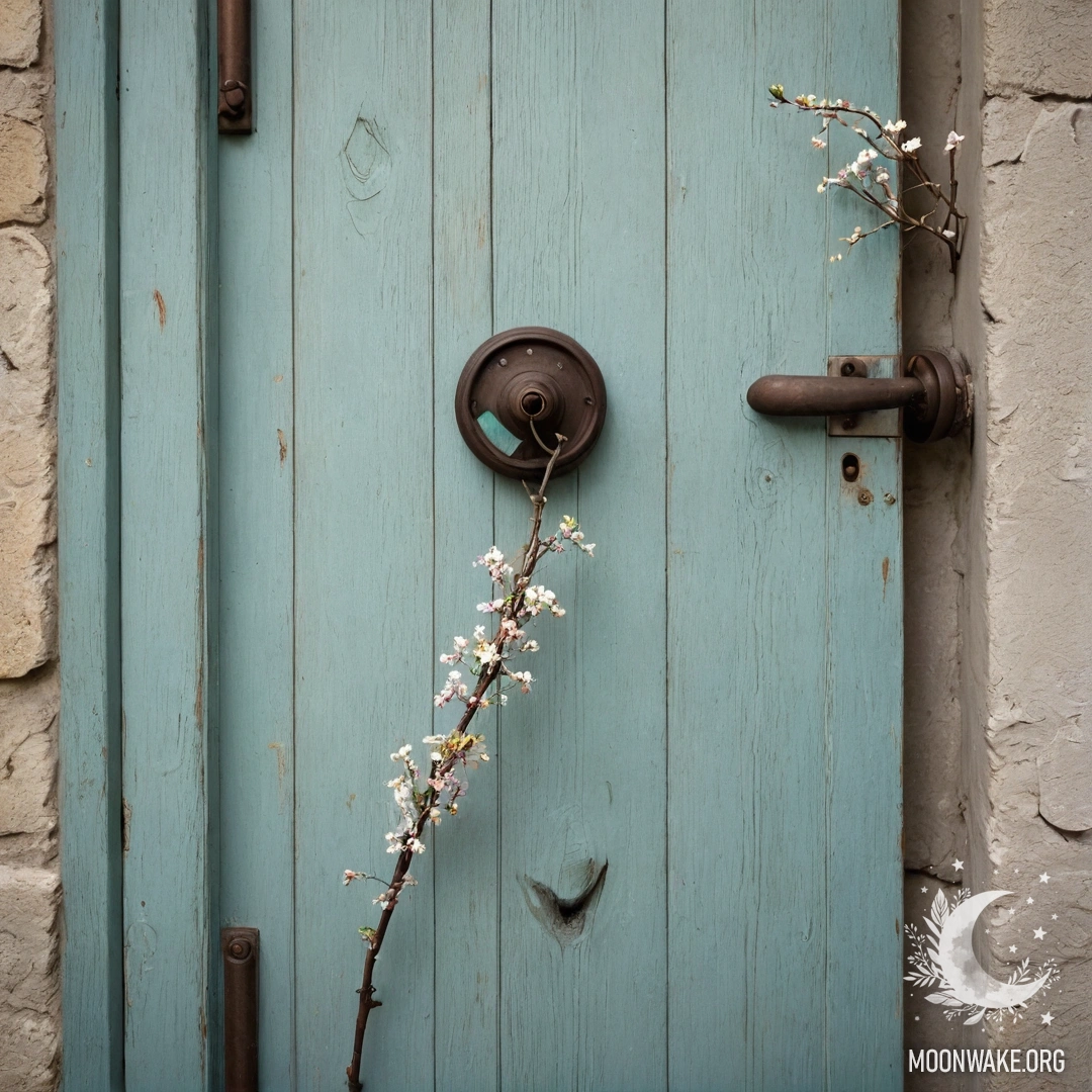 A shabby wooden door adorned with twigs and flowers on the handle.