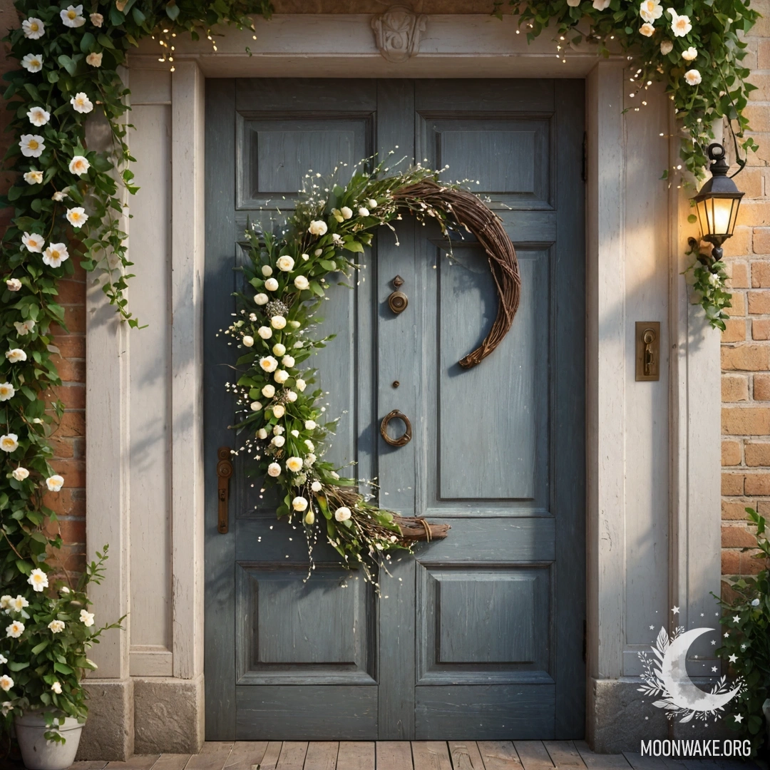 A shabby door adorned with twigs and flowers on the handle, illuminated by garland lights.