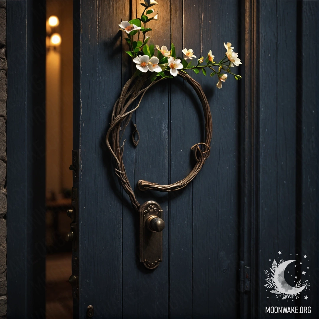 A shabby door adorned with twigs and flowers on the handle at night.