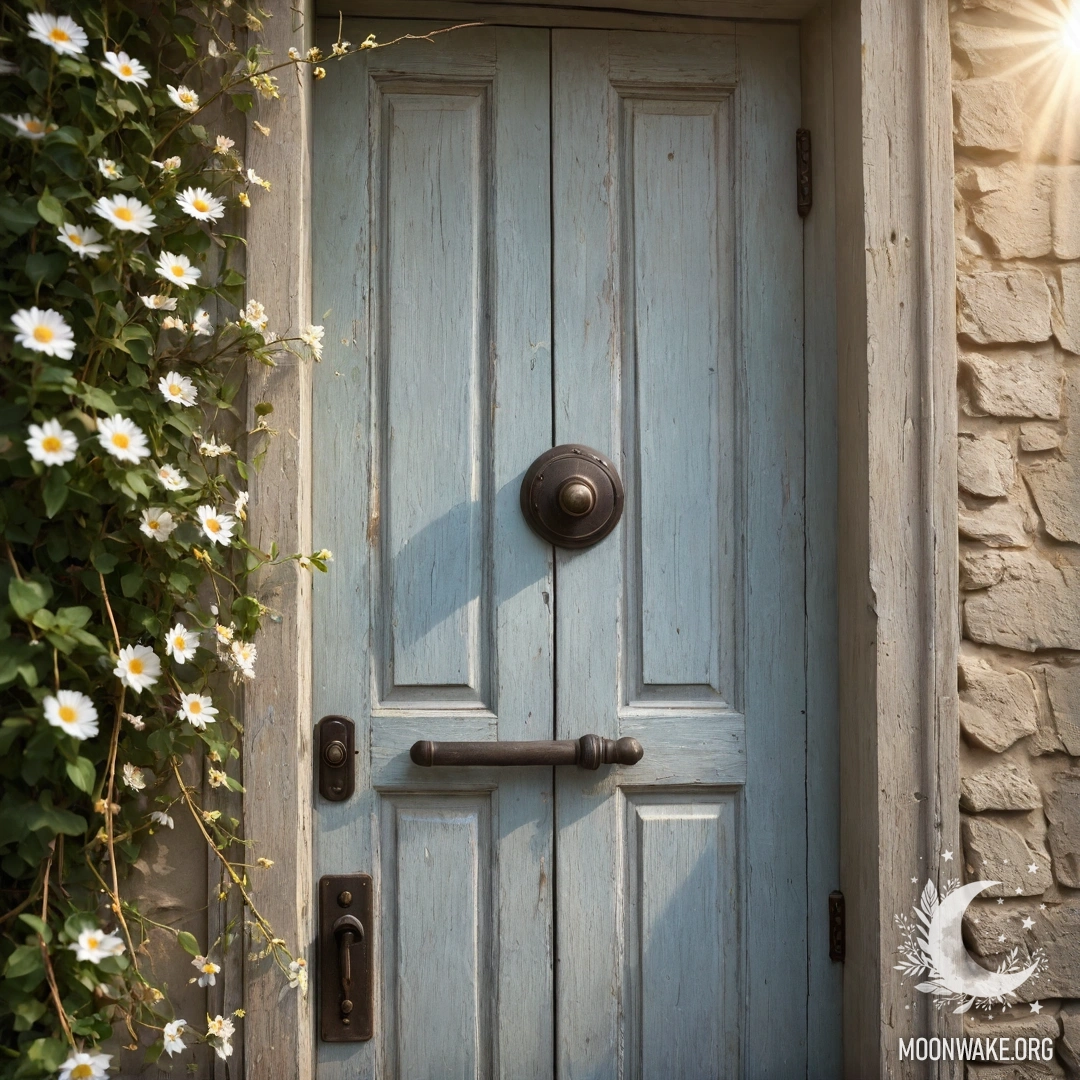 A Peaceful Shabby Door with Embrace of Nature A photograph of a shabby door adorned with twigs and flowers, kissed by sun rays.