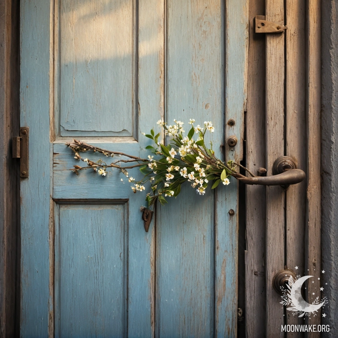 Peaceful Shabby Door with Flowers A shabby door with twigs and flowers on the handle illuminated by sun rays.