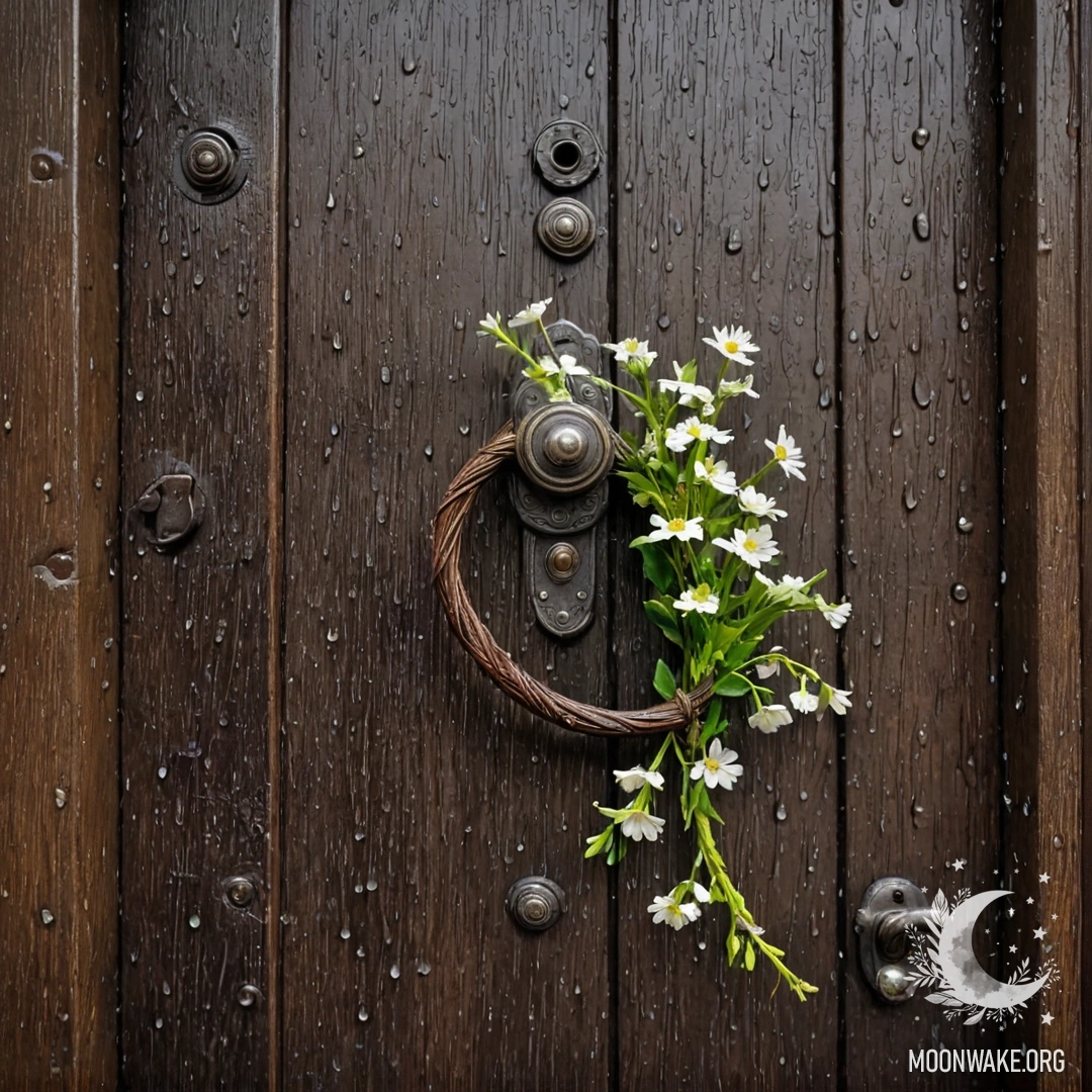 Peaceful Shabby Door in the Rain A shabby door with twigs and flowers hanging on the handle, raining.