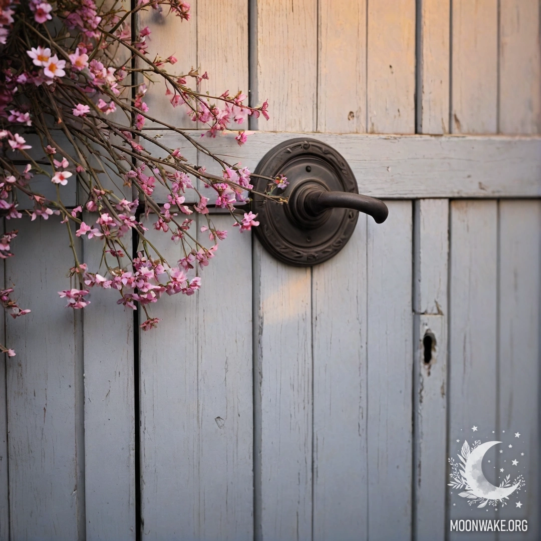 Peaceful Shabby Door at Sunset A shabby door adorned with twigs and flowers on the handle during sunset.