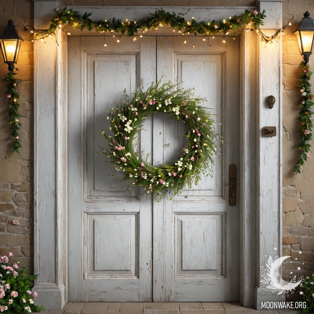 A shabby door adorned with twigs and flowers, illuminated by garland lights.