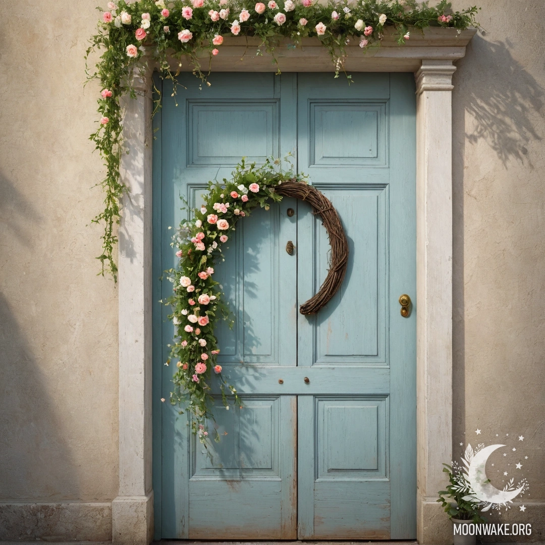 A shabby door with twigs adorned with flowers and a garland light.
