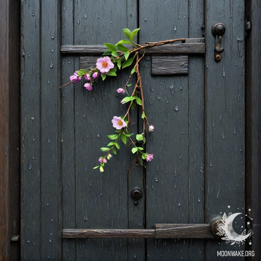 A shabby door with twigs and flowers on the handle, rain falling.