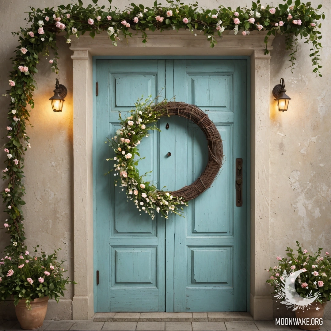 A worn-out door adorned with twigs and flowers, illuminated by a garland of light.