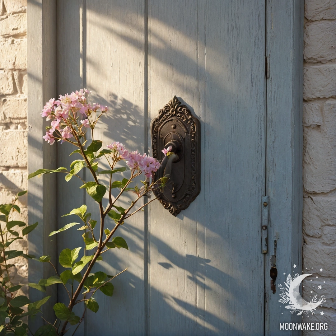 A shabby door with twigs and flowers on the handle, illuminated by sun rays.
