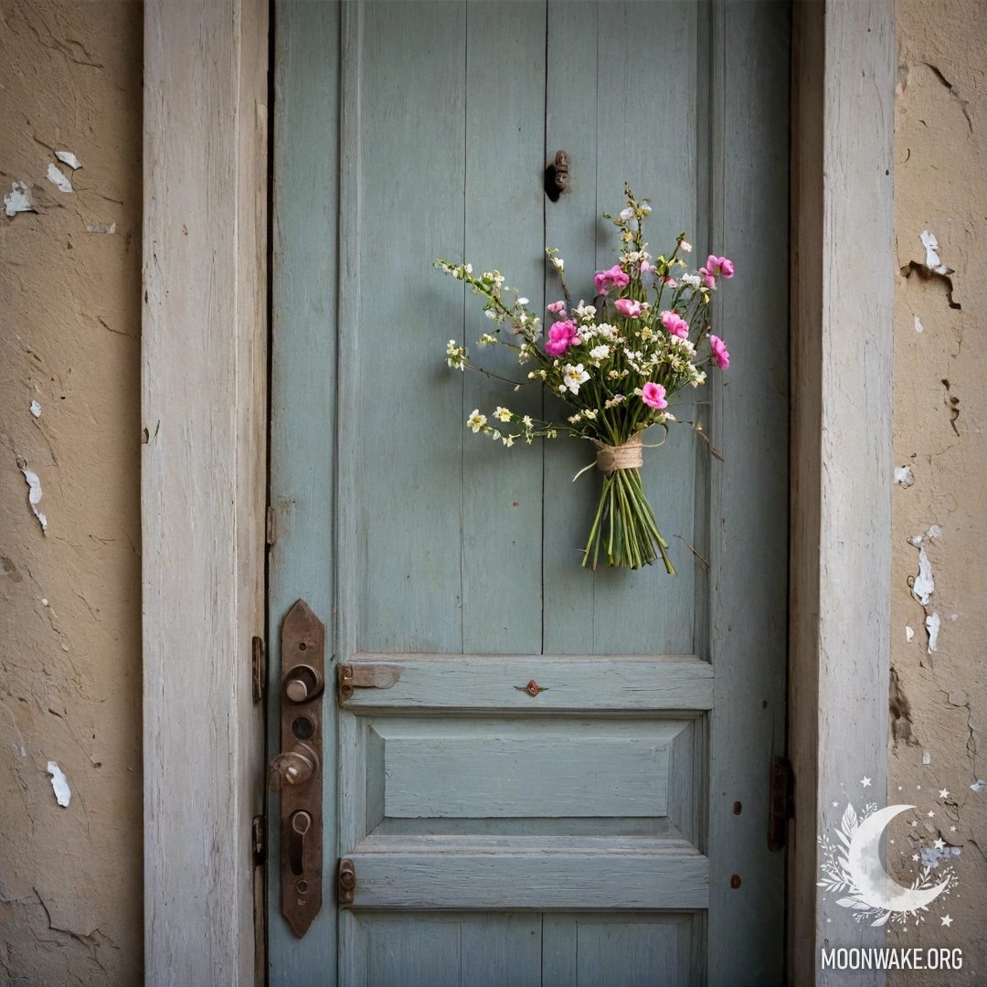 A shabby door adorned with twigs and flowers on the handle