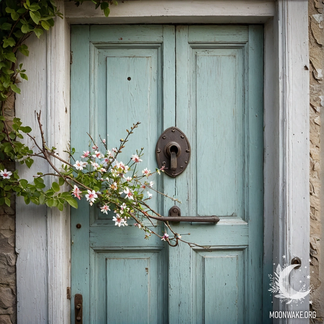 A shabby door adorned with twigs and flowers on the handle.