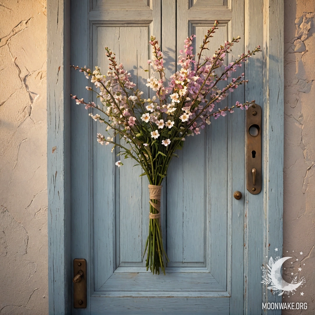 Peaceful Shabby Door with Flowers A shabby door with twigs and flowers on the handle during sunset.