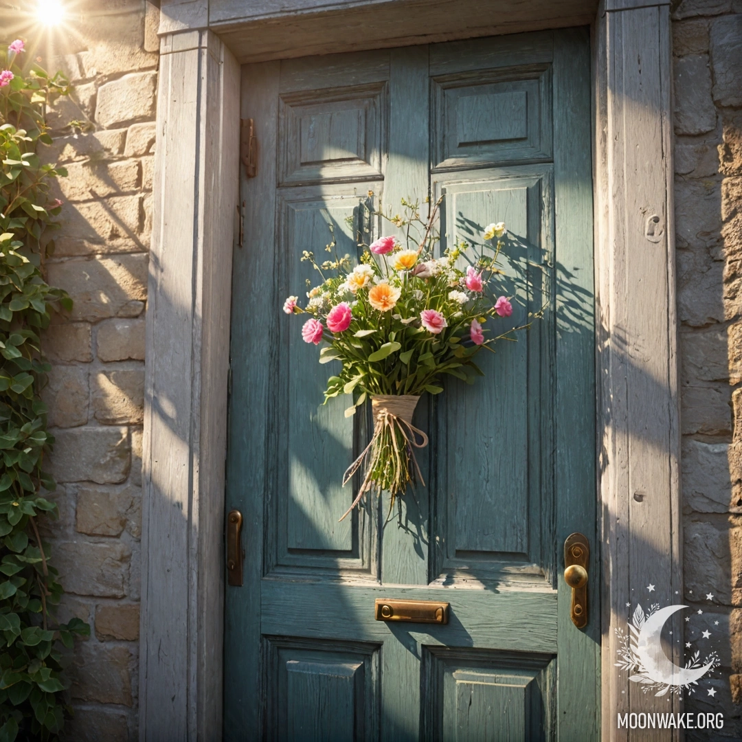 A shabby door adorned with twigs and flowers on the handle, illuminated by sun rays.